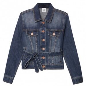 CAbi Dylan Jean Jacket #5662 Denim Belted Button Fringe Fray Raw Hem‎ Size Small